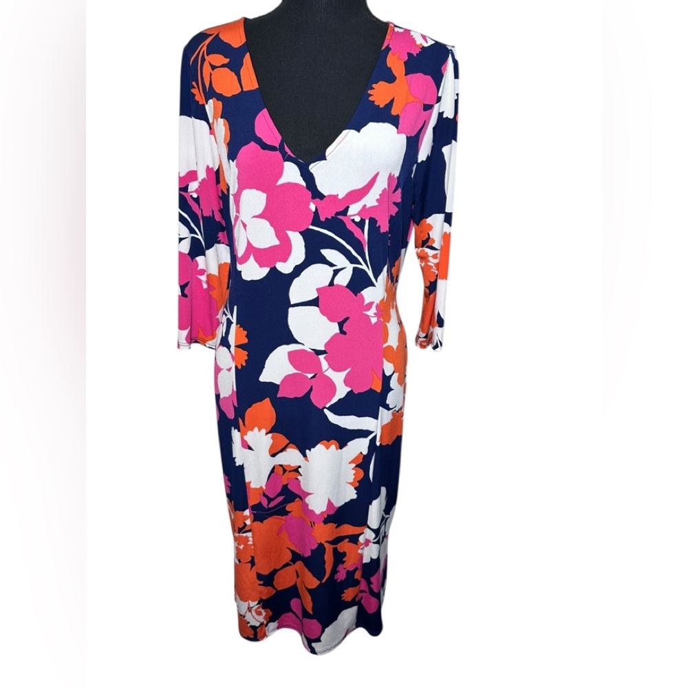 Liz Lang‎ Back Tie 3/4 Length Sleeve V Neck Floral Dress Size Medium Made in USA